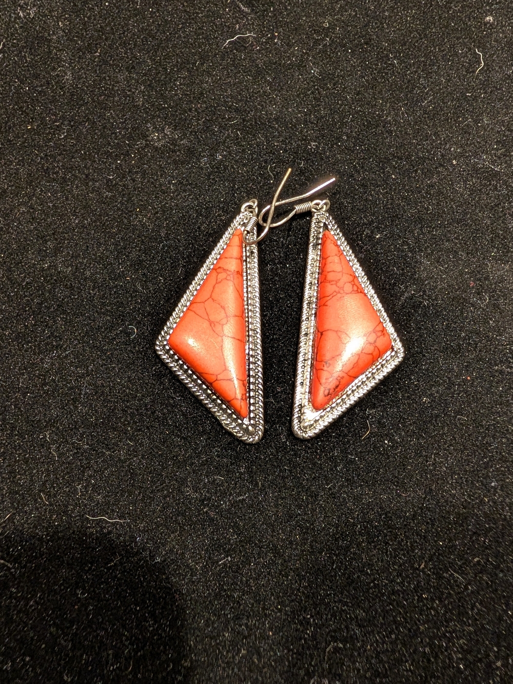 Coral Red Triangle Drop Earrings with Silver Rope Frame